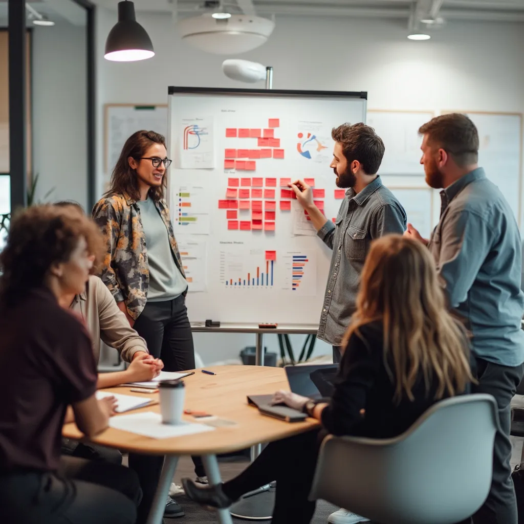 Equipo de consultoría colaborando en una pizarra